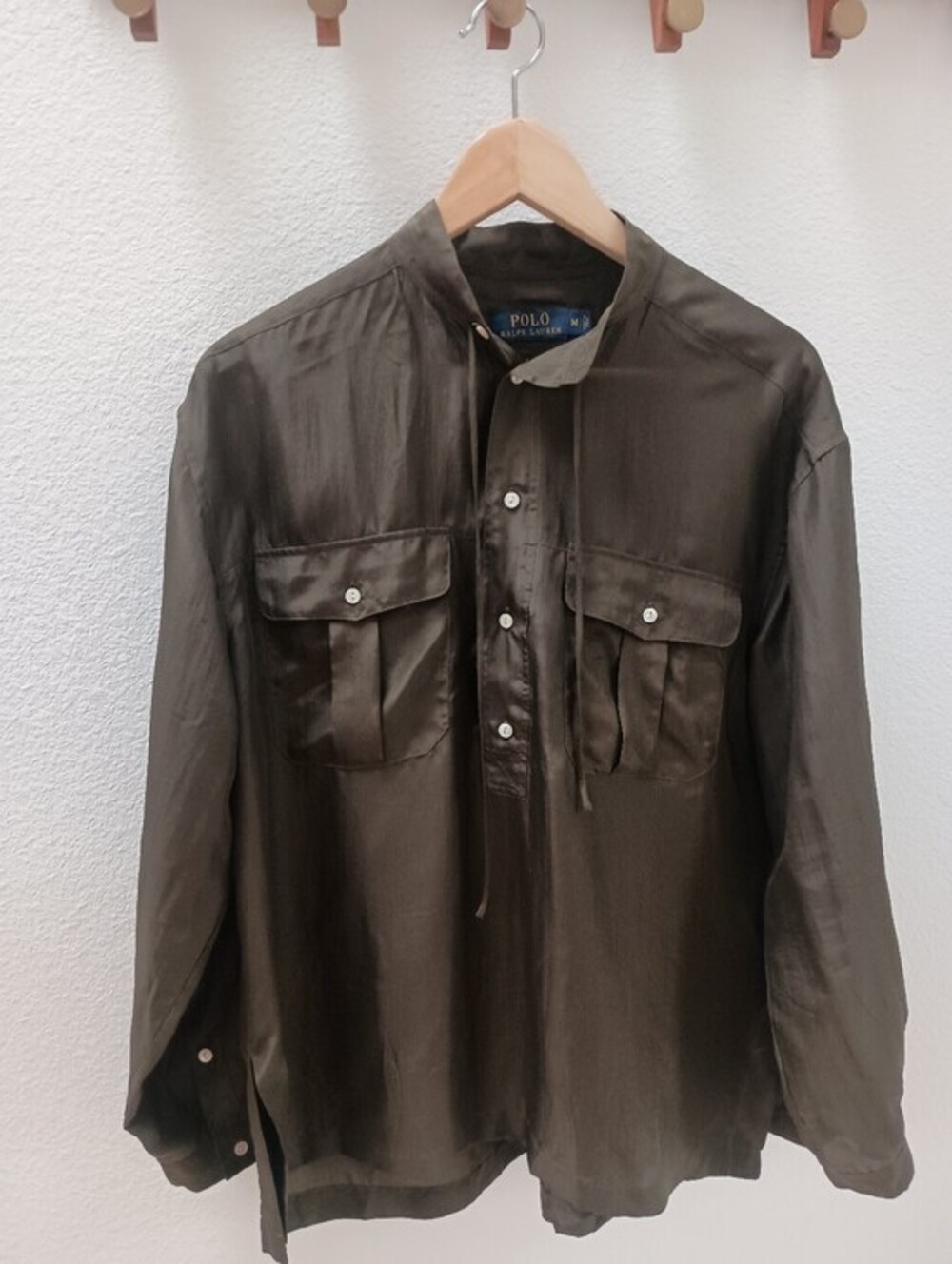 Polo Ralph Lauren Olive Green 100% Silk Popover Utility Safari Blouse Size M